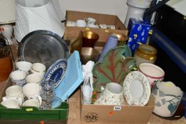 FOUR BOXES AND LOOSE CERAMICS, TABLE LAMPS, ROYAL COMMEMORATIVE ITEMS, ETC, including planters, bone