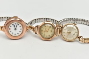 THREE 9CT GOLD CASED, LADIES WRISTWATCHES, the first a manual wind 'Cyma' watch, polished case