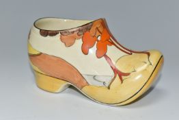 A CLARICE CLIFF SMALL SABOT/CLOG, in Coral Firs pattern, painted with coral, orange and brown