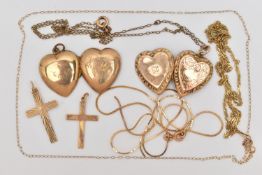 AN ASSORTMENT OF 9CT AND YELLOW METAL JEWELLERY, to include a 9ct gold cross pendant, hallmarked 9ct