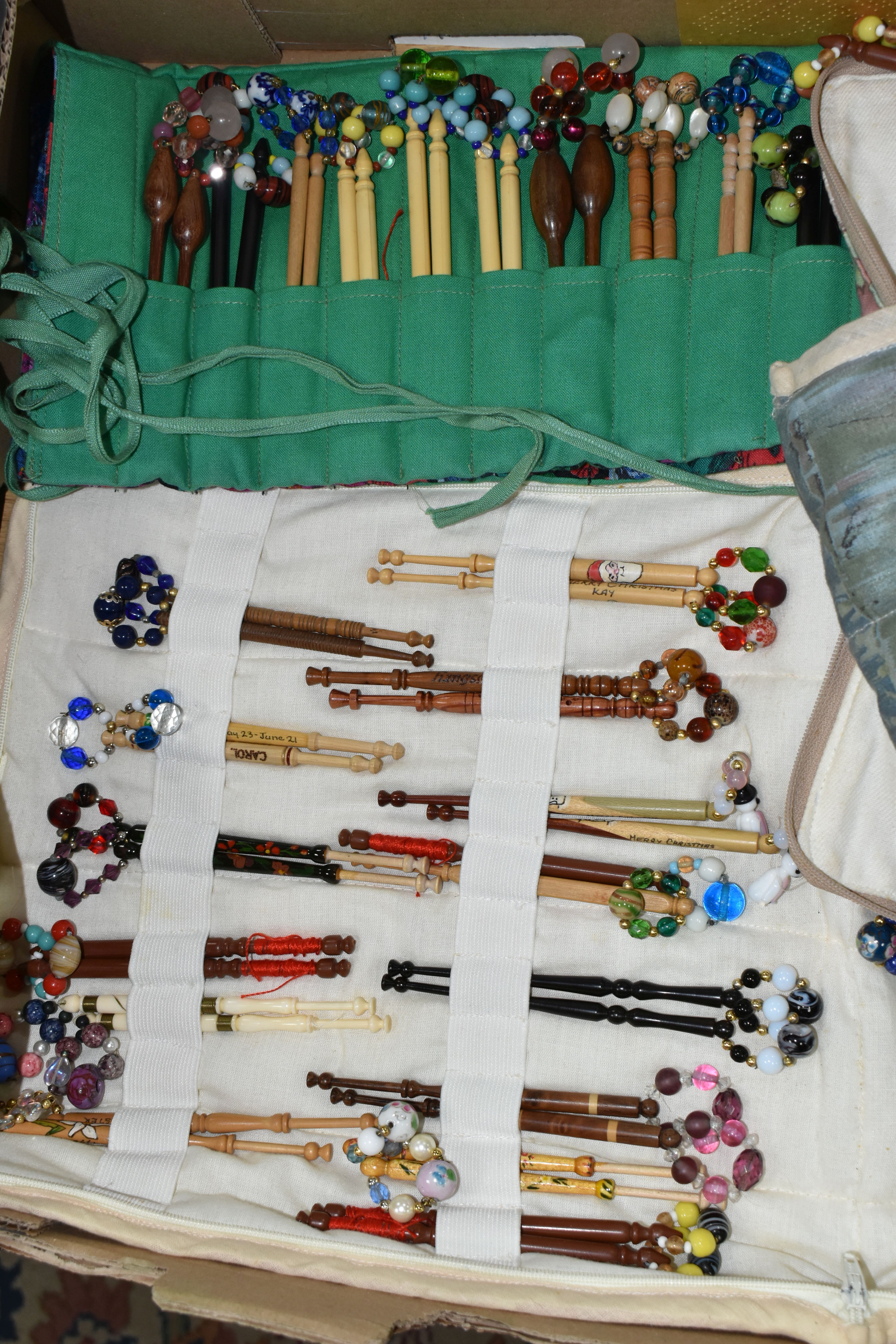 TWO BOXES OF LACE MAKING BOBBINS AND CUSHIONS, to include a large collection of lace making - Image 7 of 10
