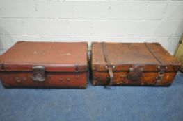 A PEARL AND CO TANNED LEATHER TRAVELING TRUNK, width 93cm x depth 56cm x height 34cm, along with