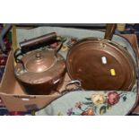 ONE BOX OF METALWARE, to include a copper kettle, a 19th century copper bed warmer, and Elkington '
