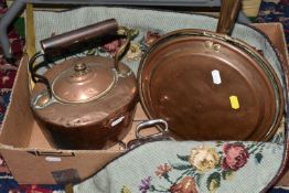 ONE BOX OF METALWARE, to include a copper kettle, a 19th century copper bed warmer, and Elkington '
