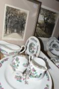 A GROUP OF INDIAN TREE PATTERNED DINNERWARE AND TWO FRAMED LIMITED EDITION PRINTS, comprising six