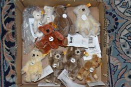 A BOX CONTAINING EIGHT MINIATURE STEIFF MOHAIR TEDDY BEARS, comprising 040009, two 040023, 040290,