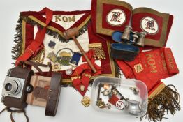 A BOX OF ASSORTED MASONIC ITEMS, to include an apron, a sash and a pair of gauntlets, also including