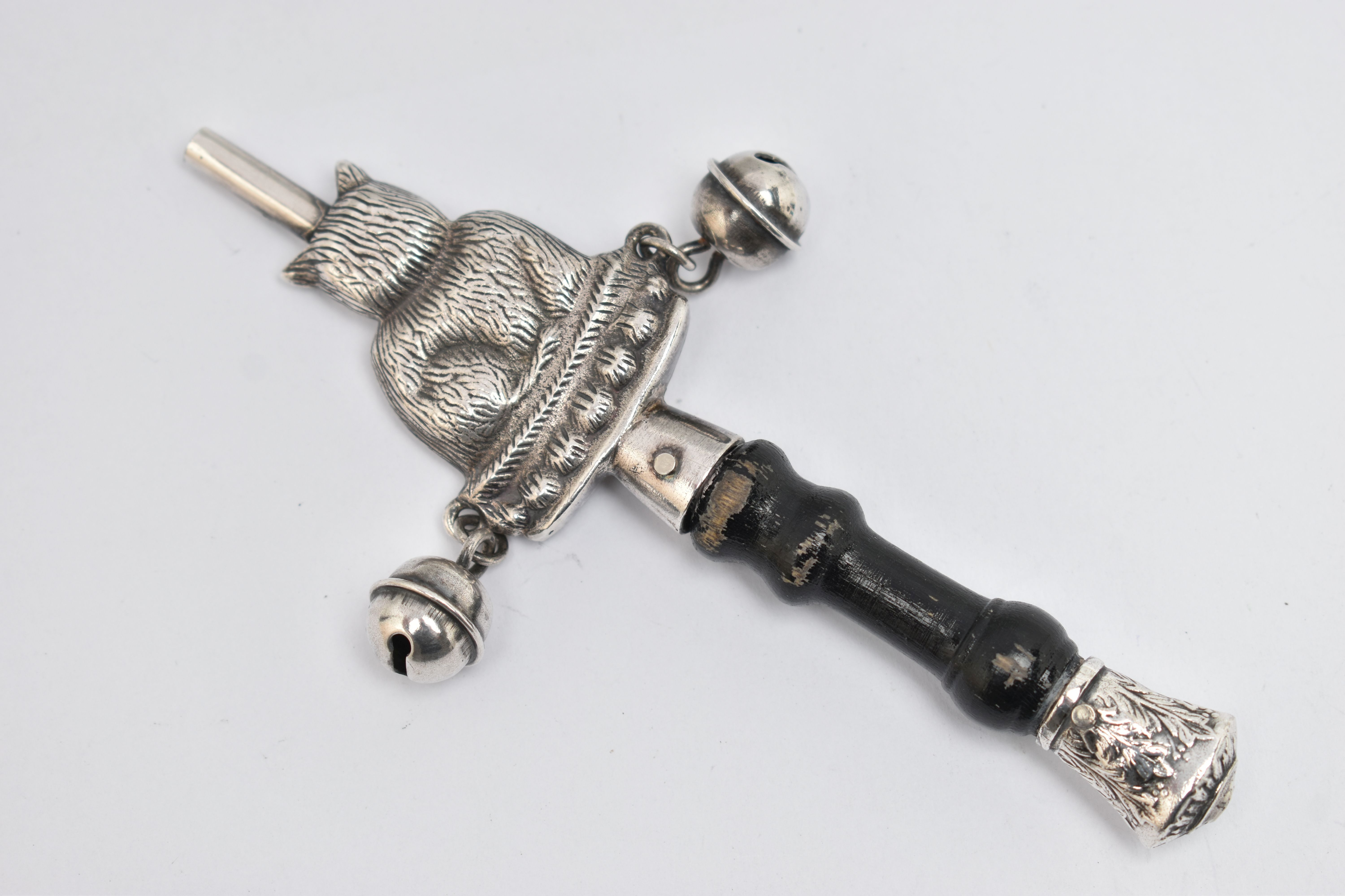 A WHITE METAL BABY RATTLE, in the form of a cat, fitted with two bells either side and a whistle - Image 2 of 2