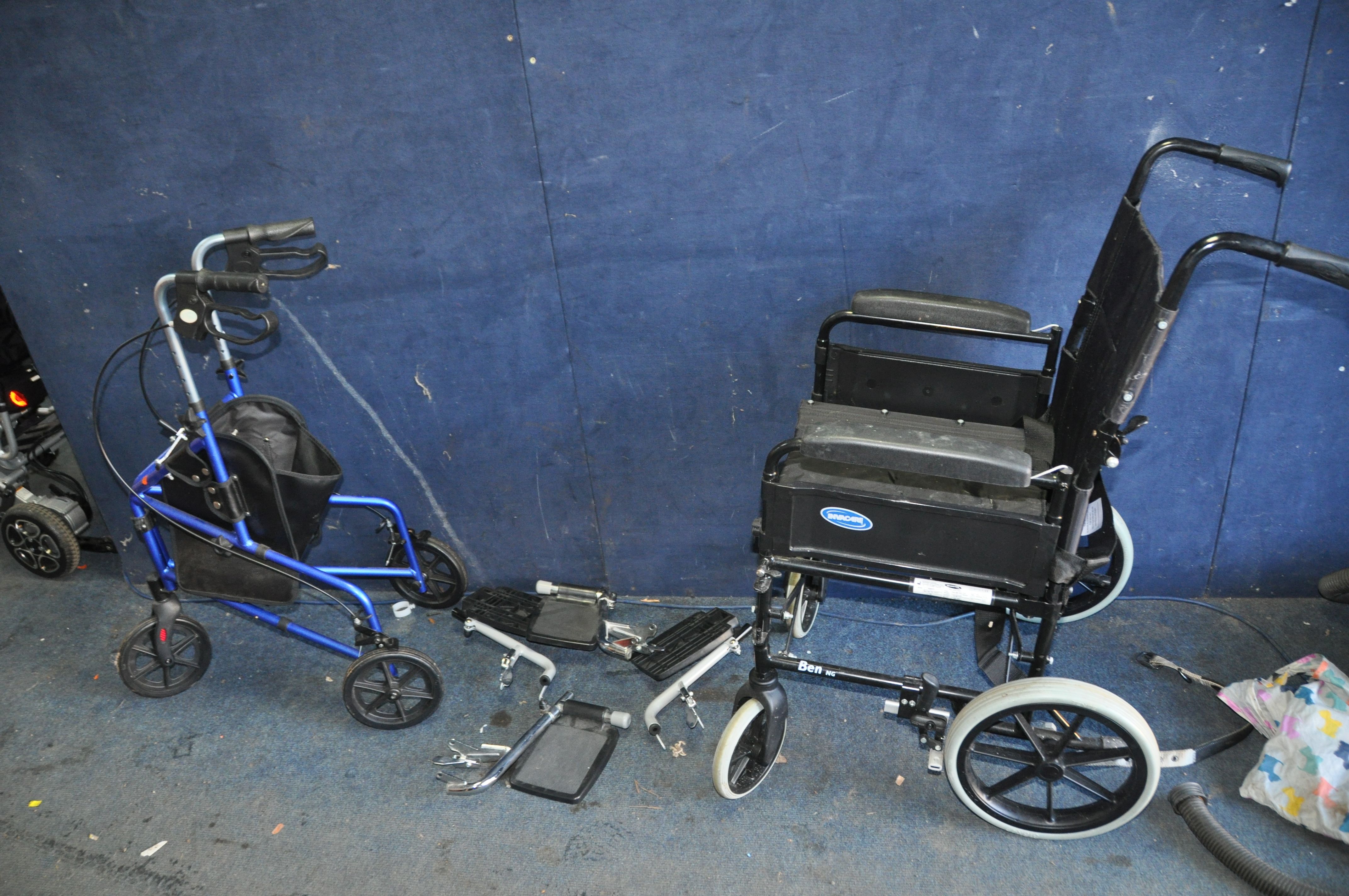 AN INVACARE BEN ng FOLDING WHEELCHAIR (no footrests). a Z Tec travelator and two pairs of