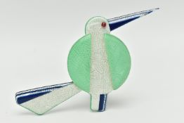 A 'LEA STEIN' GREAT BEAK BIRD BROOCH, pale green, white and blue celluloid, with a red bead eye,
