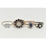 FOUR GEM SET RINGS, the first a 9ct gold sapphire and diamond cluster ring, hallmarked 9ct London,