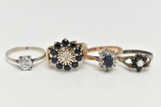 FOUR GEM SET RINGS, the first a 9ct gold sapphire and diamond cluster ring, hallmarked 9ct London,