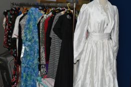 TWO BOXES, SUITCASE AND LOOSE VINTAGE CLOTHING, to include a 1980's Pronuptia wedding dress, long
