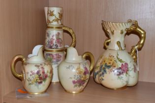 FOUR ROYAL WORCESTER BLUSH IVORY JUGS, comprising a lobed coral jug, shape no 1507, printed and