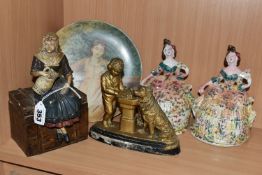 TWO 19TH CENTURY STAFFORDSHIRE LADIES BOUDOIR POTS, crinoline ladies with pots underneath the