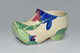 A CLARICE CLIFF SMALL SABOT/CLOG, in Rudyard pattern, painted with green, pink and blue stylised