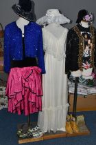 FIVE BOXES AND LOOSE VINTAGE CLOTHING AND ACCESSORIES, to include a 1970's nylon wedding dress,