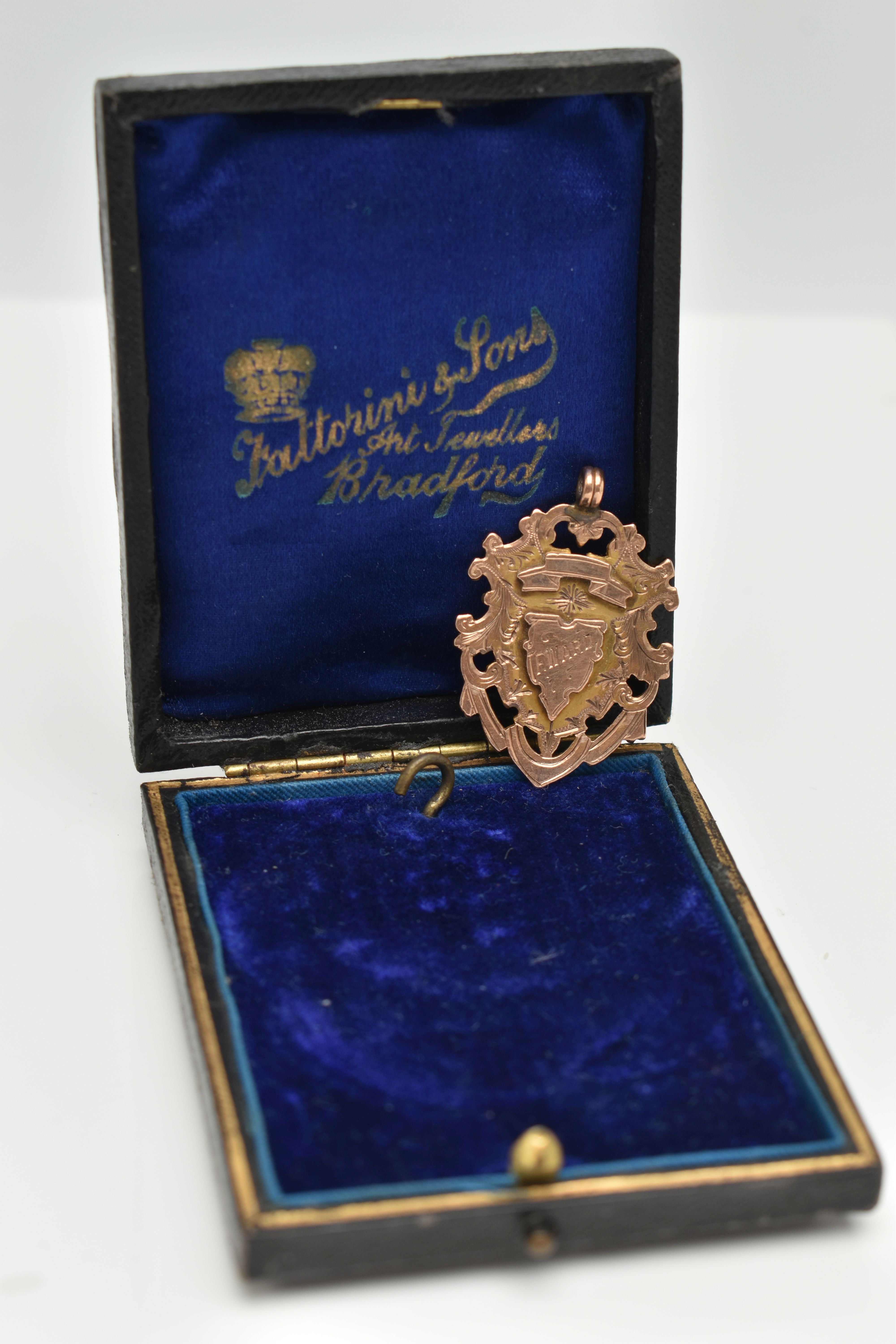 A LATE VICTORIAN 9CT GOLD FOB MEDAL, shield shape with engraved monogram, engraved to the reverse ' - Image 3 of 3