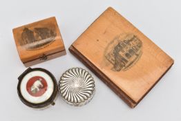 A BAG OF ASSORTED ITEMS, to include a treen covered miniature book, a treen box, a ceramic pill box,