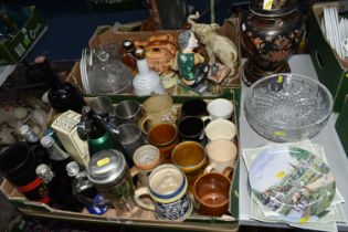 TWO BOXES OF CERAMICS AND SUNDRIES, to include a large Oriental design table lamp base, a large