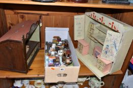 TWO SCRATCH BUILT CHILD'S SHOPS WITH A BOX OF VINTAGE AND MODERN ACCESSORIES, including miniature
