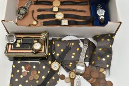 A BAG OF ASSORTED WATCHES, JEWELLERY AND COINS, a selection of ladies and gents watches, names to