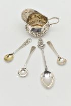 FIVE ITEMS, to include three silver salt spoons, each with a full silver Birmingham hallmark, a