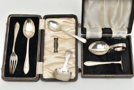 A SELECTION OF 19TH AND 20TH CENTURY SILVER TABLE WARE, to include a cased christening set,