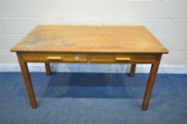 A MID 20TH CENTURY OAK DESK, with two drawers, width 138cm x depth 77cm x height 76cm (condition