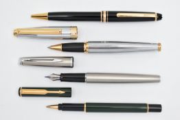 FOUR PENS AND A BRACELET, to include a 'Mont Blanc' ball point pen, with gold coloured collar signed