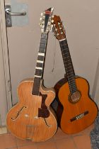 TWO VINTAGE ACOUSTIC GUITARS, comprising a Hofner archtop copy with a J.R. Lafleur Varsity label -