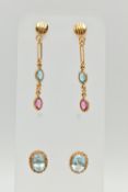TWO PAIRS OF EARRINGS, to include a pair of oval topaz stud earrings with rope twist surround, and a