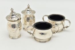 AN IRISH SILVER CONDIMENT SET, the double handled salts with blue glass liners, and two matching