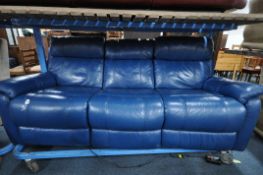 A BLUE LEATHER ELECTRIC THREE SEATER SOFA, with multiple buttons to recline, adjustable headrest,