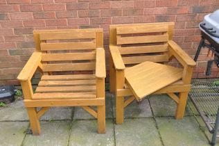 A PAIR OF MODERN GARDEN CHAIRS with angled centre shelf (unfitted)