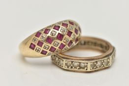 TWO GEM SET RINGS, the first a 9ct gold ruby and single cut diamond checker pattern dome ring,