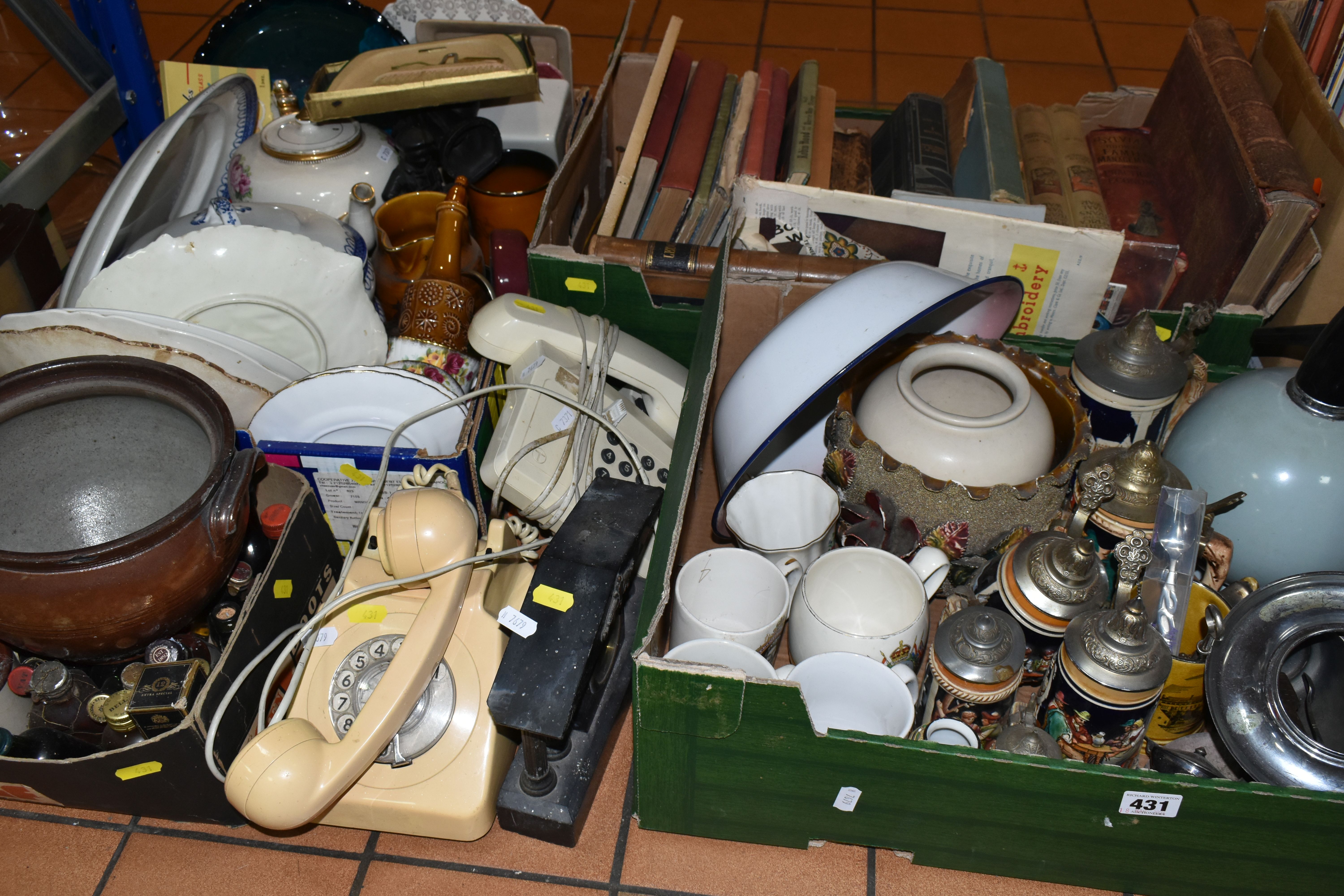 FOUR BOXES AND LOOSE BOOKS, CERAMICS AND SUNDRY ITEMS, to include sixteen antiquarian and vintage