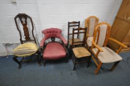 A VARIETY OF PERIOD CHAIRS, to include a Victorian tub chair, with ruby red and foliate