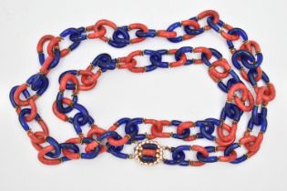 A MID CENTURY ITALIAN GLASS NECKLACE, circa 1960, a red and blue glass necklace in the style of