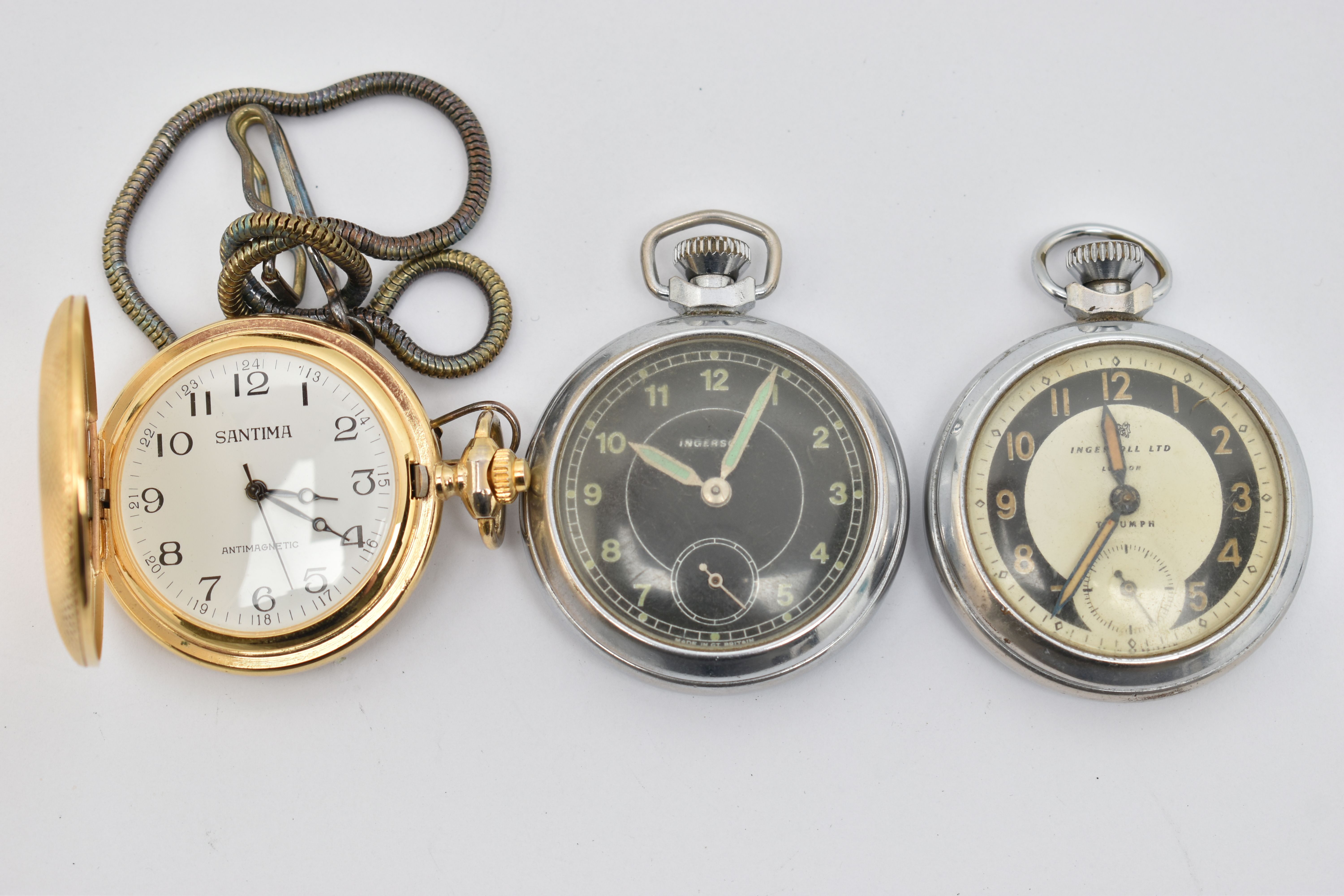 THREE POCKET WATCHES, to include two open face Ingersoll pocket watches, both with Arabic numerals