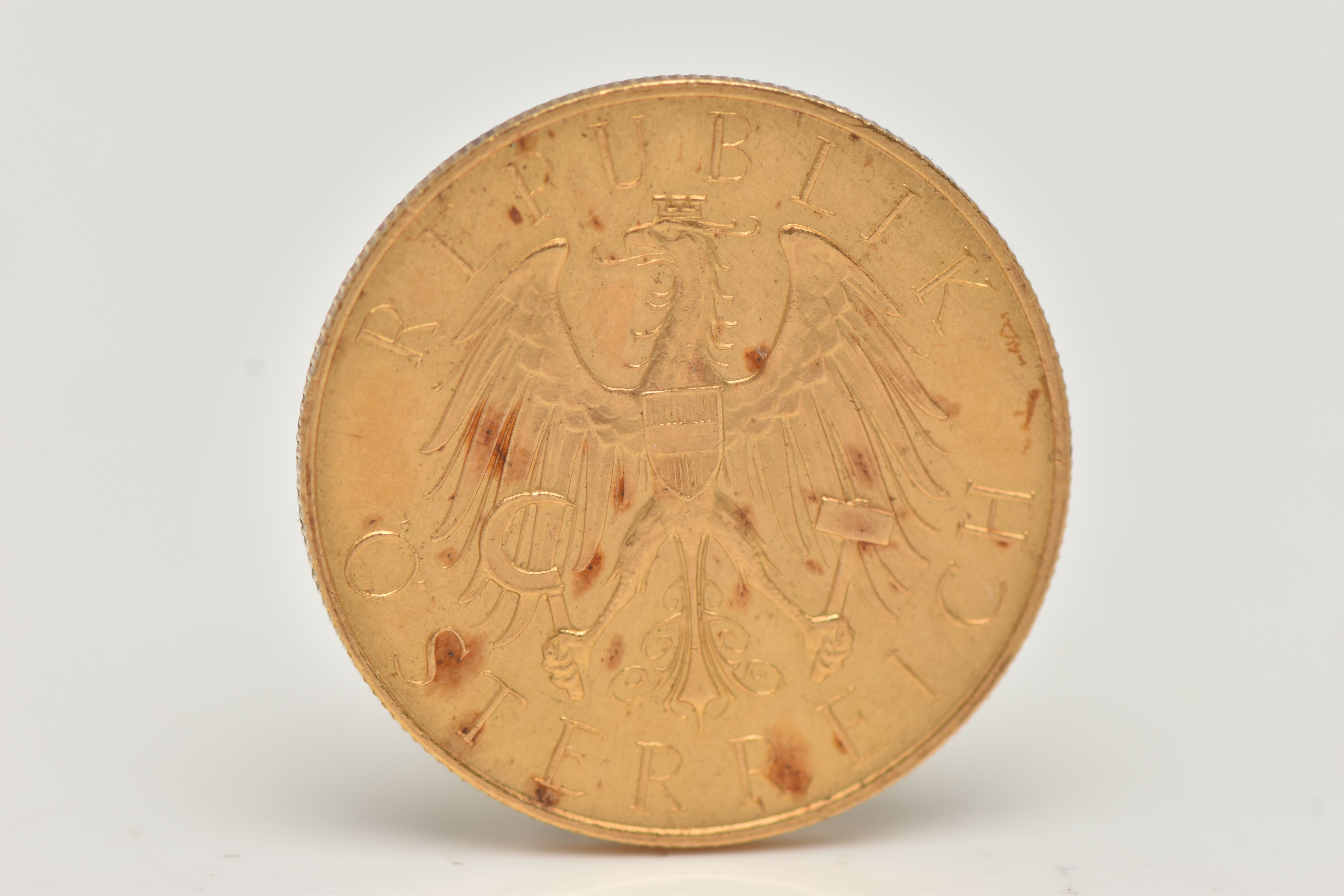 AUSTRIA GOLD 25 SCHILLING COIN 1929, 5.8 grams, 21mm, .900 fine, 243,269 mintage (some staining) - Image 2 of 2