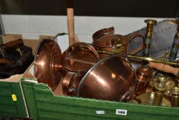 TWO BOXES OF ASSORTED METALWARES ETC, to include a copper Army & Navy watering can, copper warming