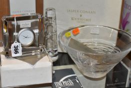 THREE BOXED PIECES OF JASPER CONRAN FOR WATERFORD CRYSTAL, comprising a quartz desk clock, height
