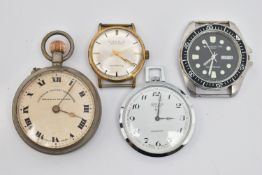 TWO POCKET WATCHES AND TWO WATCHES, to include a manual wind, base metal open face pocket watch,