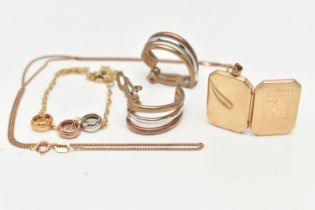 A SELECTION OF YELLOW METAL JEWELLERY, to include a pair of 9ct rose, white and yellow gold ear