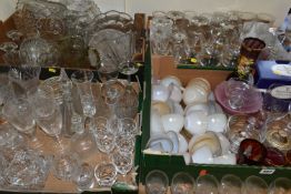 FOUR BOXES OF ASSORTED MID-CENTURY GLASSWARE, to include a quantity of Arcopal 'Harlequin cups and