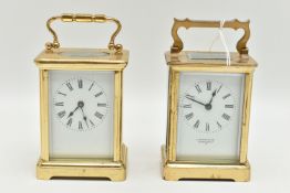 TWO CLOCKS, to include a carriage clock with white metal, black Roman numerals, black hands, the