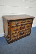 A LATE 19TH CENTURY WALNUT AND MAHOGANY CHEST OF THREE DRAWERS, with foliate carved handles, width