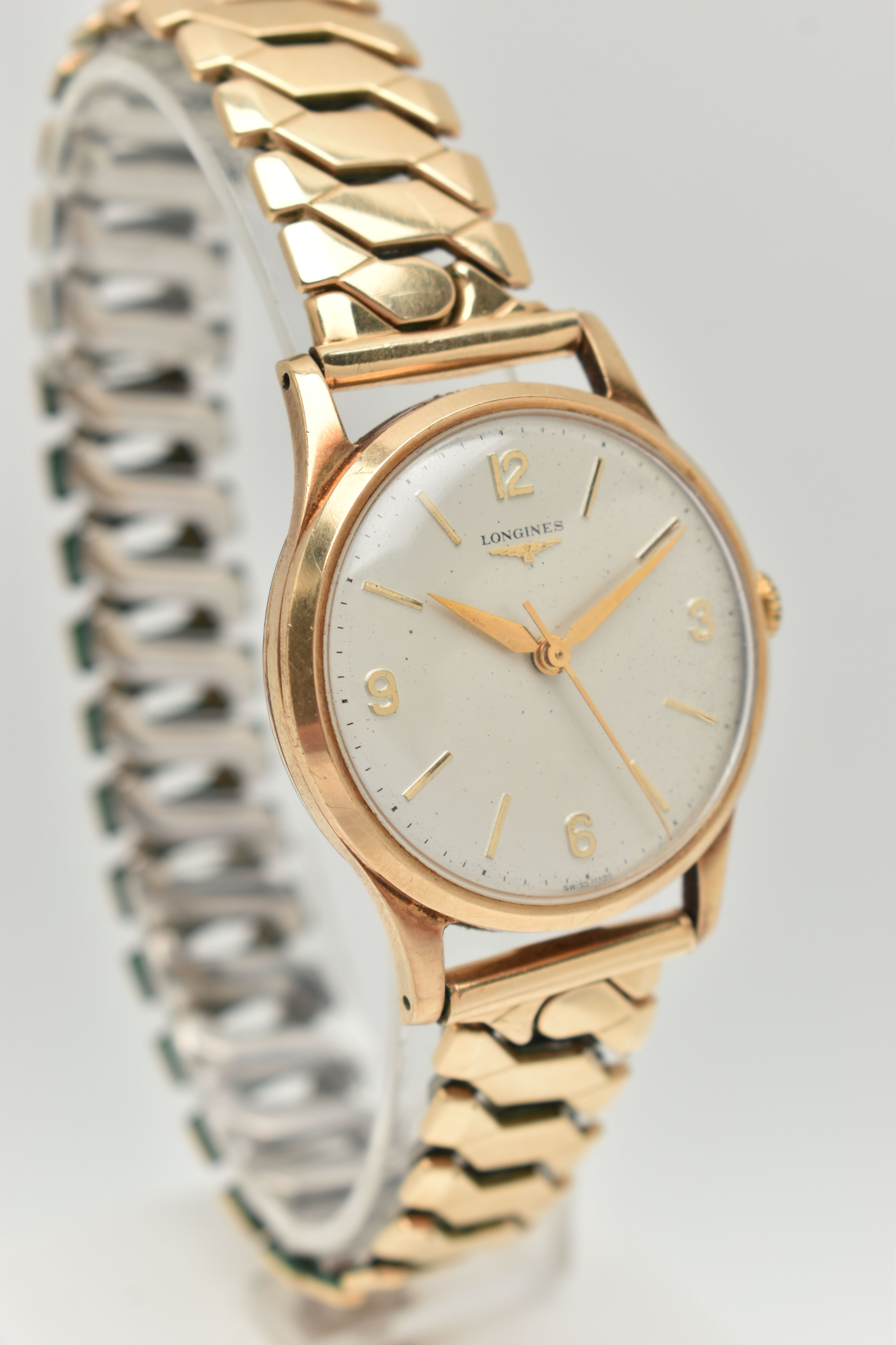 A GENTS 9CT GOLD 'LONGINES' WRISTWATCH, manual wind, round silver dial signed 'Longines', Arabic - Image 2 of 6