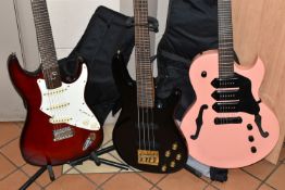 THREE ELECTRIC GUITARS WITH THREE SOFT CASES, comprising an Aria Pro II - Fullerton - serial No.